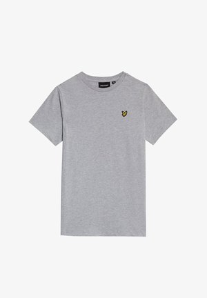T-shirt uni gris clair à manches courtes avec un petit logo oiseau jaune et noir sur la poitrine gauche et un col rond.