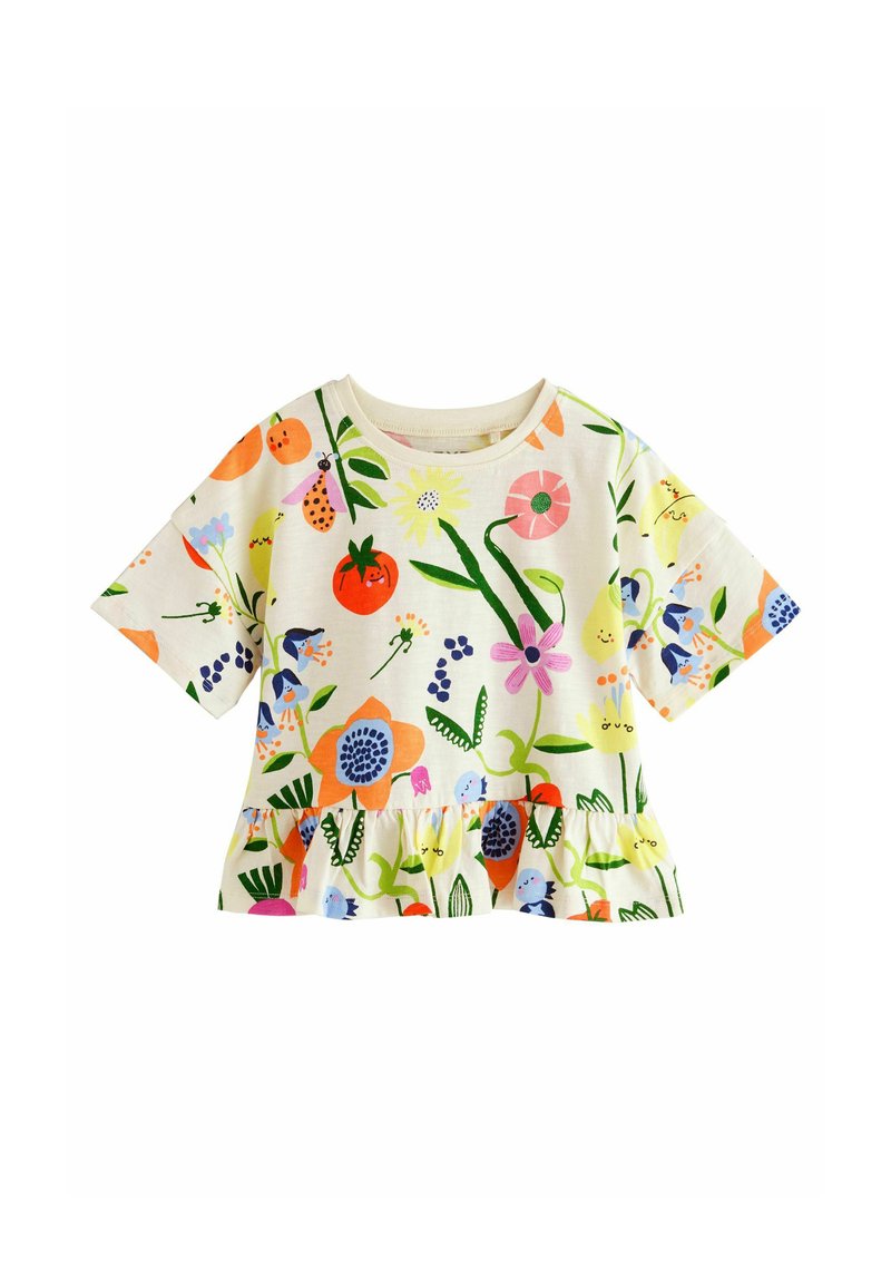 Kortærmet, cremefarvet bomulds t-shirt med en flæsekant, der har et farverigt blomster- og frugtmotiv over det hele.