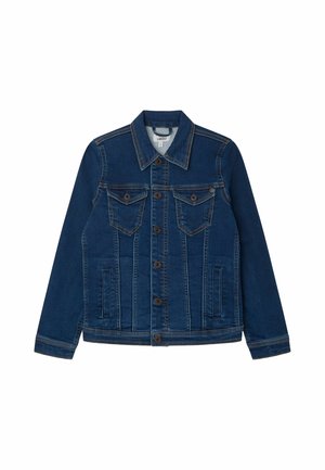 Donkerblauwe denimjas met knoopsluiting aan de voorkant, twee borstzakken met kleppen en knopen, en twee zijzakken, met contrasterende stiksels.