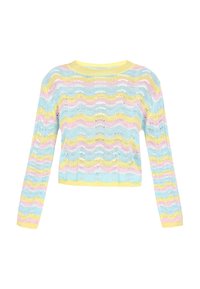 Pull en crochet avec un motif ondulé en bleu, rose et jaune. Manches longues, col rond et longueur cropped avec un tissage ouvert.