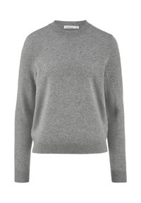 Grauer Strickpullover mit Rundhalsausschnitt, langen Ärmeln und gerippten Bündchen und Saum. Weicher Stoff und schlichtes Design ohne Muster oder Akzente.