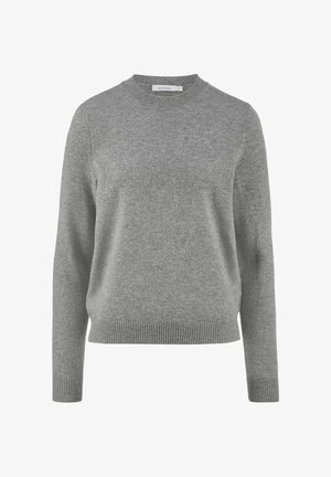 Gray knitted sweater with a crew neckline, long sleeves, and ribbed cuffs and hem. Soft texture and simple design with no patterns or accents.