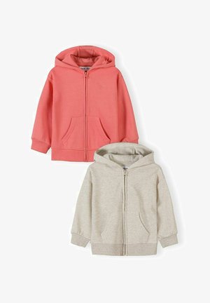 Dvi vaikų gobtuvu su užtrauktuku džemperiai, vienas koralų rožinės spalvos, kitas šviesiai pilkas, abu su priekinėmis kišenėmis ir ribinėtomis rankogaliais bei apačiomis.