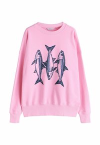 Roze sweatshirt met drie marineblauwe visillustraties op de voorkant. Het heeft een ronde hals en geribbelde boorden en zoom. Zachte stoftextuur.