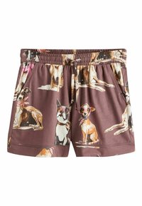 Pantaloni scurți maro cu talie elastică și șnur, având ilustrații tipărite cu diverși câini mici care poartă ochelari și eșarfe.