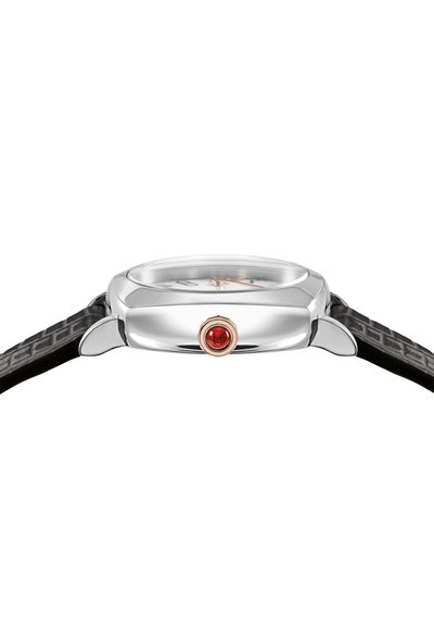 Stainless steel watch with a square case, black textured leather strap, and a red cabochon crown accent. Features a clear face with metallic hands.