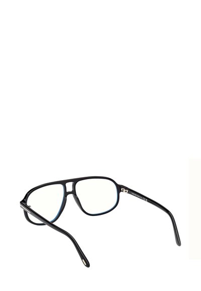 Montature nere con accenti azzurro chiaro, forma rettangolare, lenti trasparenti e aste nere curve. Materiale leggero in plastica.