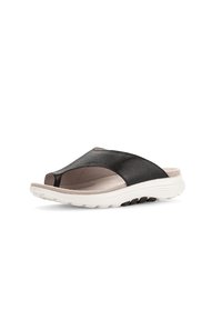 Sandalia de piel negra tipo slide con diseño de punta abierta, forro interior suave y suela ligera acolchada con acentos texturizados.