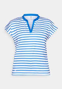 Prugasta majica kratkih rukava u bijeloj i plavoj boji s V-izrezom i rukavima na kapice. Izrađena od glatkog, laganog materijala. Ima plavi obrub.