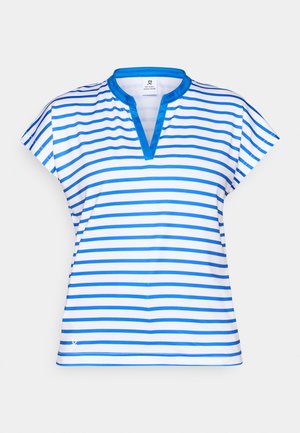 Pruhovaný top s krátkými rukávy v bílé a modré barvě s V-výstřihem a rukávy typu cap. Vyrobeno z hladkého, lehkého materiálu. Obsahuje modré lemování.