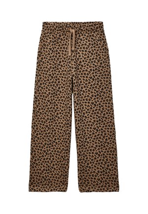 Pantalon marron à jambes larges avec imprimé léopard noir et taille élastique avec un cordon beige.