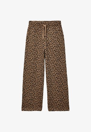 Pantalon marron à jambes larges avec imprimé léopard noir et taille élastique avec un cordon beige.