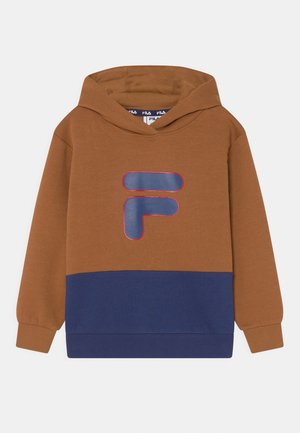 Felpa con cappuccio marrone e blu navy con un grande logo blu navy sul petto. Tessuto in misto cotone, polsini e orlo a coste. Design a vestibilità regolare.