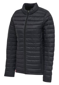 Giubbotto a vento nero con zip frontale, colletto ereditato, design trapuntato, materiale leggero e tasche laterali.