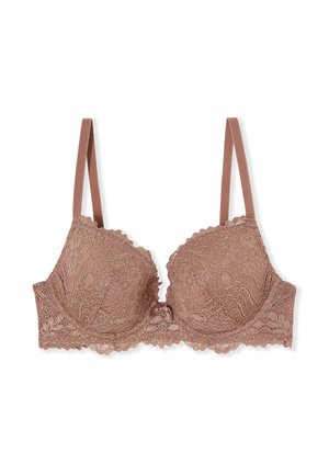 Spitzenbesetzter mauvefarbener BH mit gewellten Rändern, verstellbaren Trägern, Bügel-Cups und einer kleinen zentralen Schleifendetail.