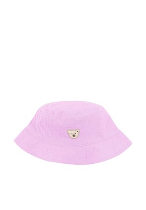 Light purple bucket hat with a small embroidered bear face patch centered on the front.
