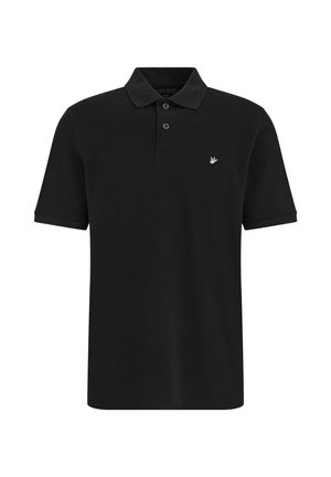 Fekete rövid ujjú galléros póló két gombbal és egy kis fehér madár logóval a bal mellrészen, fehér háttér előtt.