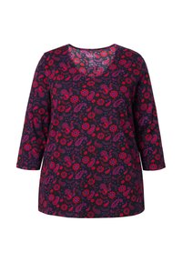 Langärmlige Tunika in Dunkelpurpur, mit einem floralen und Paisleymuster in Rot und Pink. V-Ausschnitt-Design und lockere Passform. Weicher Stoff.