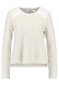 Světle béžový svetr s dlouhými rukávy a strukturovanou tkaninou. Kolať výstřih, pevné tělo a kontrastní hladké vsadky na ramenou.