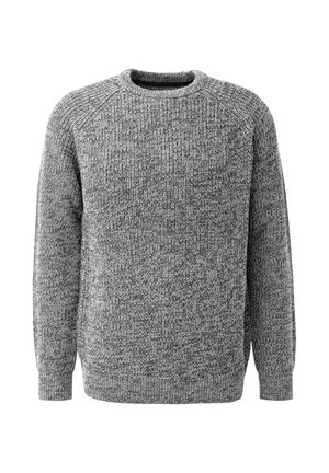 Pull en tricot gris avec col rond, manches raglan et motif texturé. Dispose de poignets et d'un ourlet en côte pour un ajustement confortable.