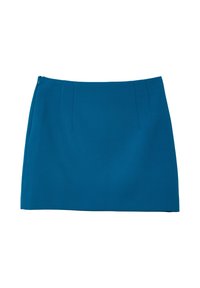 Blaue Minirock aus glattem Stoff, mit einem seitlichen Reißverschluss und maßgeschneideten vorderen Falten, in einfacher A-Linie.