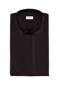 Donkerbruine overhemden met een klassieke kraag, een enkele borstzak en met knopen bevestigde manchetten. Soepele textuur en minimalistisch ontwerp.