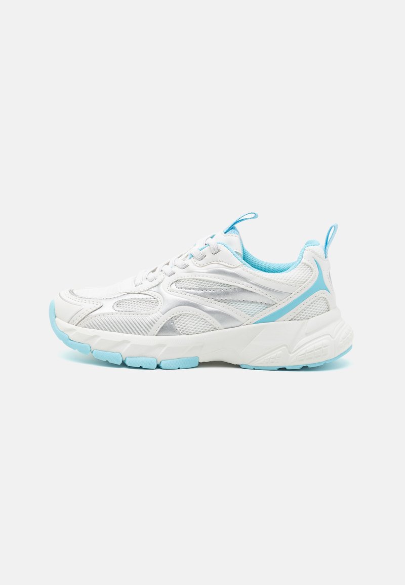 White athletic shoe with light blue accents, featuring a mesh upper, sturdy sole, laces, and textured overlays for enhanced grip.