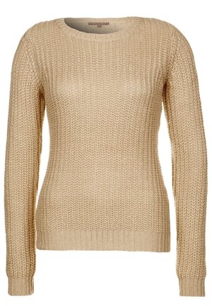 Beigefarbener, gestrickter Pullover mit langen Ärmeln, Rundhalsausschnitt und gerippten Bündchen und Saum, strukturiert mit einem groben Strickmuster.