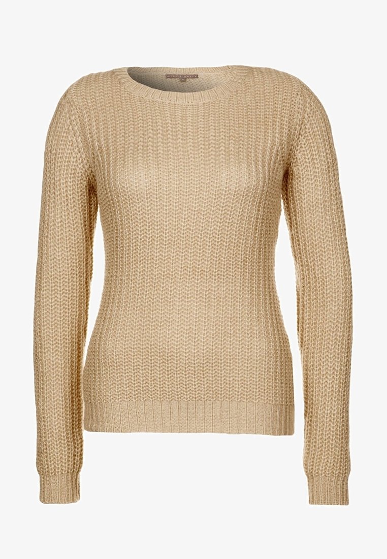 Pull beige à manches longues en maille avec col rond et poignets et bas côtelés, texturé avec un motif en gros tricot.