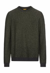 Dark green knitted sweater with a textured design, round neckline, and ribbed cuffs. Features subtle variations in color and pattern.