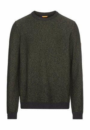 Pull en maille vert foncé avec un design texturé, col rond et poignets côtelés. Présente des variations subtiles de couleur et de motif.