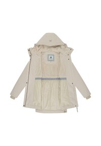 Beige ytterjacka med mjuk, fluffig innerfoder, huva och justerbara ärmslut; har en framdragkedja och tryckknappar.