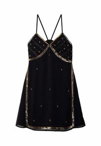 Robe sans manches noire avec un corsage ajusté, décolleté en V, ornée de détails en perles dorées et argentées, et une jupe évasée.