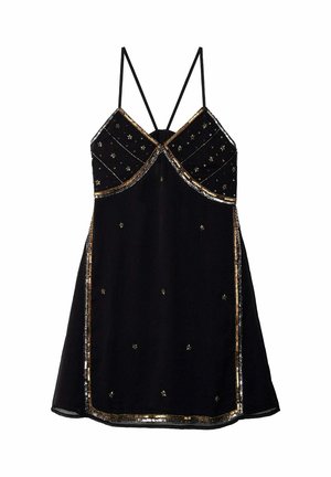 Robe sans manches noire avec un corsage ajusté, décolleté en V, ornée de détails en perles dorées et argentées, et une jupe évasée.