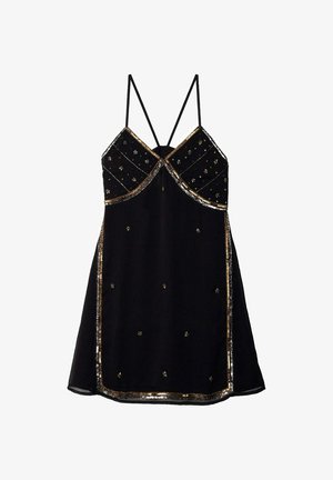 Vestido negro sin mangas con un corsé ajustado, diseño de escote en V, adornado con detalles de perlas doradas y plateadas, y una falda acampanada.