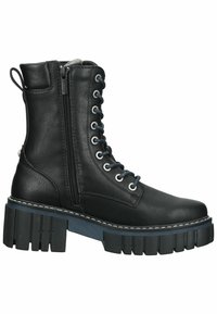 Botas de cuero negras hasta el tobillo con cremallera lateral, puntera redonda y suela gruesa y estriada. Presentan un frente con cordones y ojetes de plata.