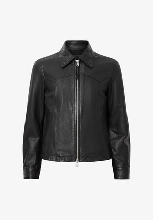 Black leather jacket with a collar, zip front closure, and long sleeves. Features smooth texture and seam detailing. Standard fit design.