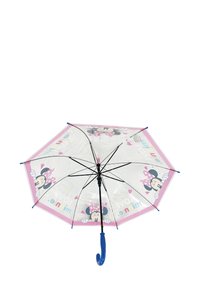 Durchsichtiger Regenschirm mit pinken Rändern, der Grafiken von Minnie Maus und mehrfarbigem Text zeigt. Blauer, geschwungener Griff. Unterstützung des Designs mit schwarzen Rippen.