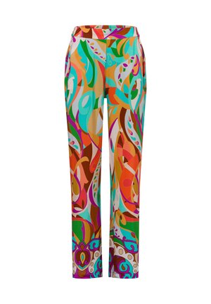 Pantalons multicolores avec un motif abstrait vif, comportant des tourbillons dans des nuances d'orange, de turquoise et de marron ; tissu doux ; taille élastique.
