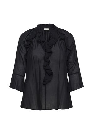 Blusa negra transparente con mangas campana de 3/4, volantes en el borde del escote y delantero, y una abertura en forma de lágrima en el cuello.