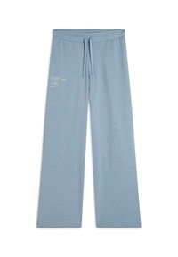 Helle blaue Baumwollmischung Schlaghosentrans mit elastischem Bund, Kordelzug und minimalem Textdetail auf der Vorderseite. Weiche Textur und lässiges Design.