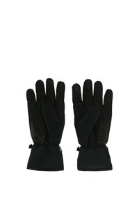 Gants noirs en matière synthétique, avec une paume texturée pour une meilleure adhérence, une fermeture élastique au poignet et une doublure douce pour l'isolation.