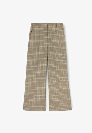 Leveälahkeiset housut, joissa on beigeen ja ruskeaan ruutukuvio, kaksi sivutaskua ja sileä pinta. Räätälöity malli hienovaraisilla yksityiskohdilla.