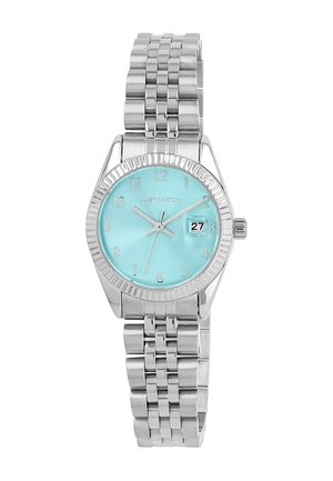 Silver stainless steel watch with an octagonal case, mint green dial, and silver hour markers. Features a date display at 3 o'clock.