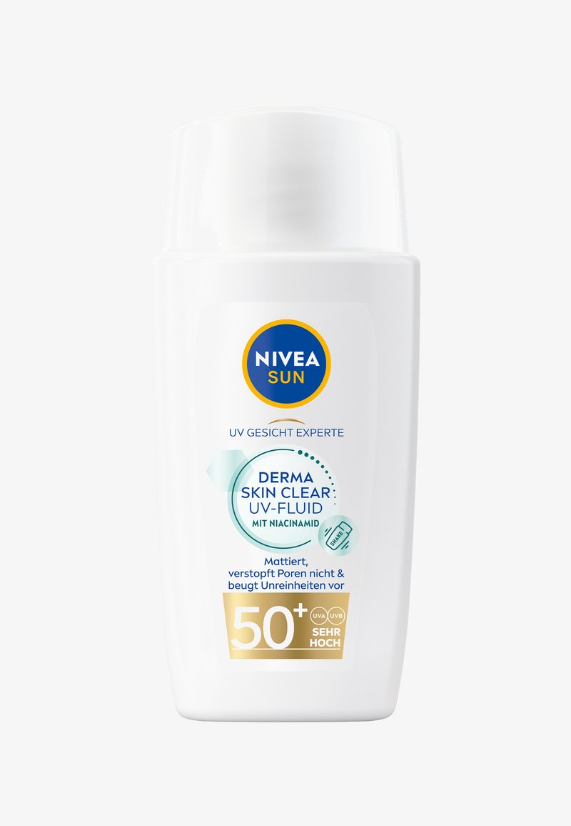 White plastic bottle with a flip-top cap. Features blue and gold accents with product name "NIVEA Sun Derma Skin Clear UV-Fluid" and SPF 50+ label.