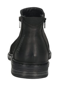 Schwarze Leder-Stiefeletten mit glatter Oberfläche, ausgestattet mit einem seitlichen Reißverschluss, elastischem Einsatz und strukturiertem Gummisohle.