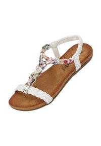 Vlijmscherpe sandaal met een witte gevlochten band, een bloemenaccentontwerp op de bovenkant en een bruine gewatteerde binnenzool voor comfort.