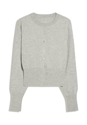 Hellgraue, kurz geschnittene Strickjacke mit Rundhalsausschnitt, langen Ärmeln und einer vorderen Knopfleiste mit kleinen Knöpfen.