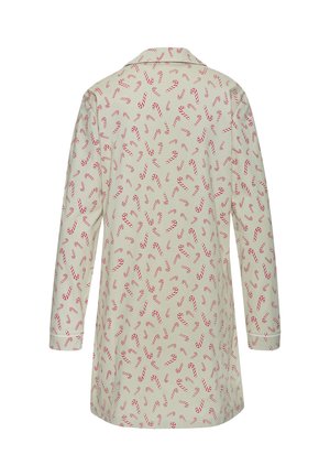 Beige nachthemd met lange mouwen en een volledig rode en witte zuurstokprint, met een halslijn met kraag en knoopmanchetten.