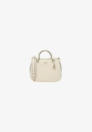 Borsa a mano color crema con una forma strutturata, doppi manici, tracolla removibile, placca con logo e un accento charm. Materiale sintetico liscio.